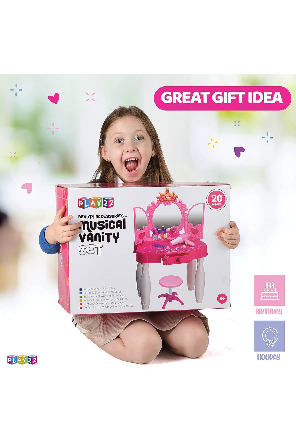 ✨مرآة وكرسي مكونة من 20 قطعة - طقم طاولة فانيتي لمكياج اللأطفال مع الأضواء والأصوات - صالون تجميل👧