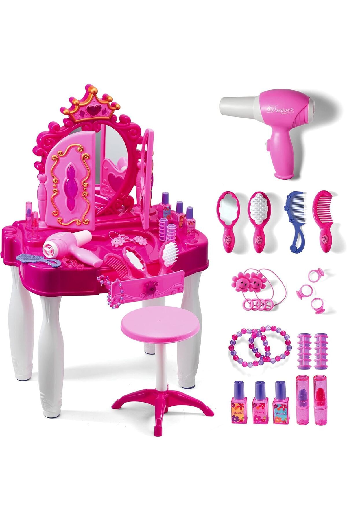✨مرآة وكرسي مكونة من 20 قطعة - طقم طاولة فانيتي لمكياج اللأطفال مع الأضواء والأصوات - صالون تجميل👧