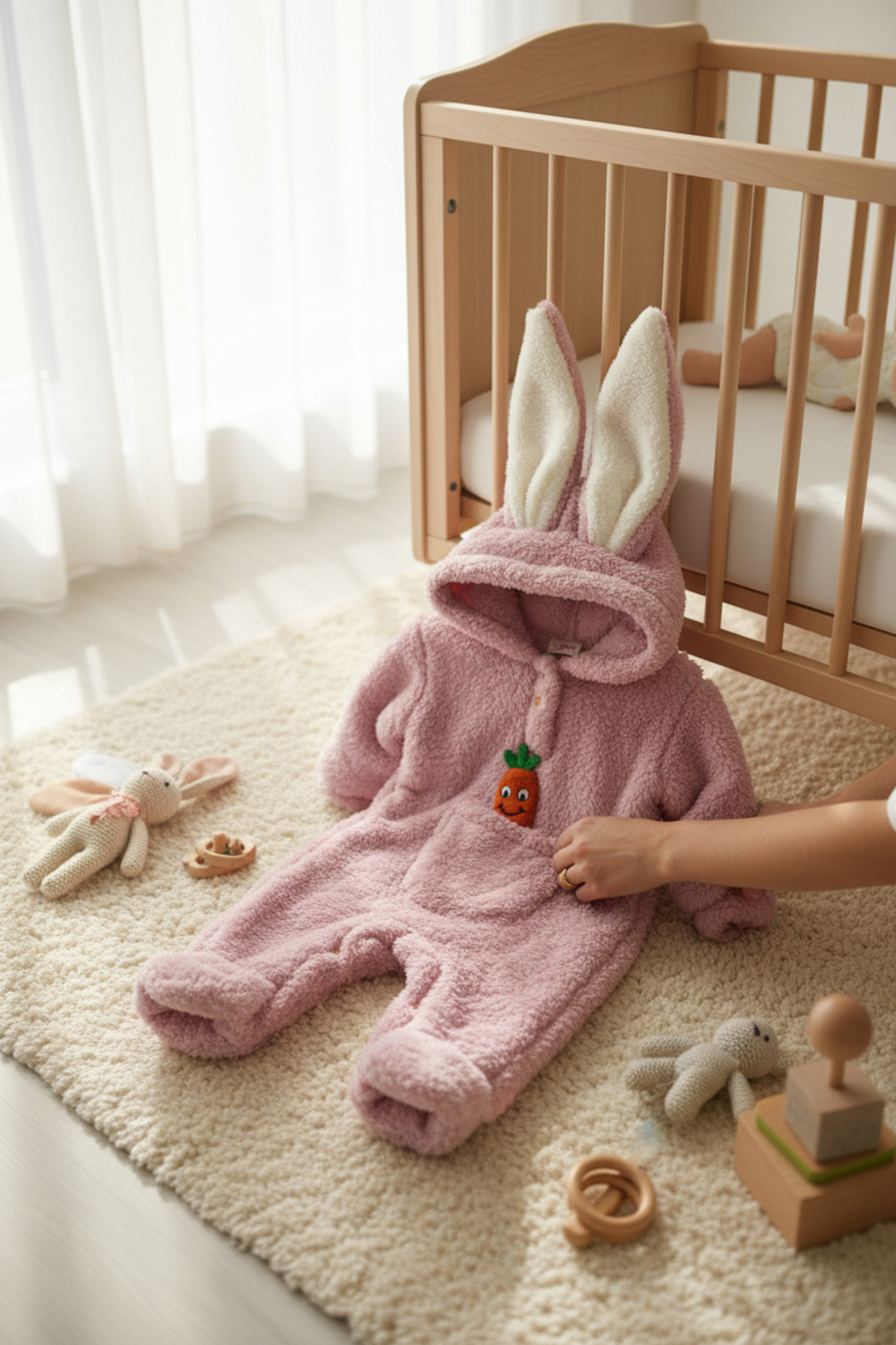 balbeybi Kulaklı Welsoft Bebek Tulumu, Kapüşonlu Tavşan Kulaklı Peluş Kışlık Bebek Uyku Tulumu Unisex fotoğrafı 5 (önizleme)