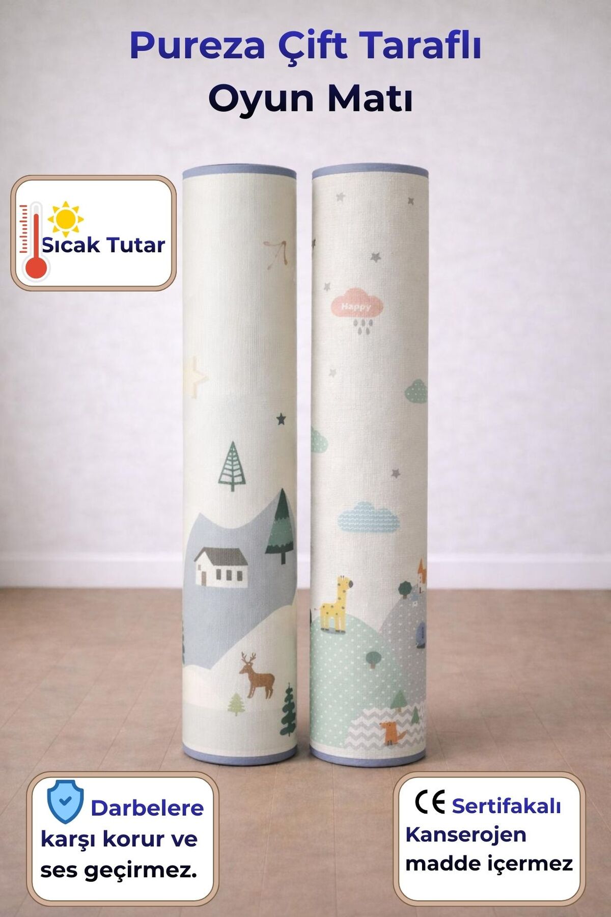 PUREZA Çift Taraflı Rulo Oyun Matı Kaymaz,Darbe Emici, Geyik Vadisi/Bulutlar Dağlar Yerli Üretim 200x140x1 fotoğrafı 3 (önizleme)