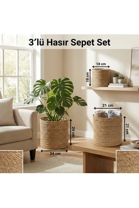 sever ithalat 3'lü Hasır Sepet Seti - Dekoratif Saksı Kılıfı, Çok Amaçlı Bany...