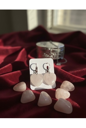 Meneva Aksesuar Pembe Kuvars Doğal Taş Kalp Küpe