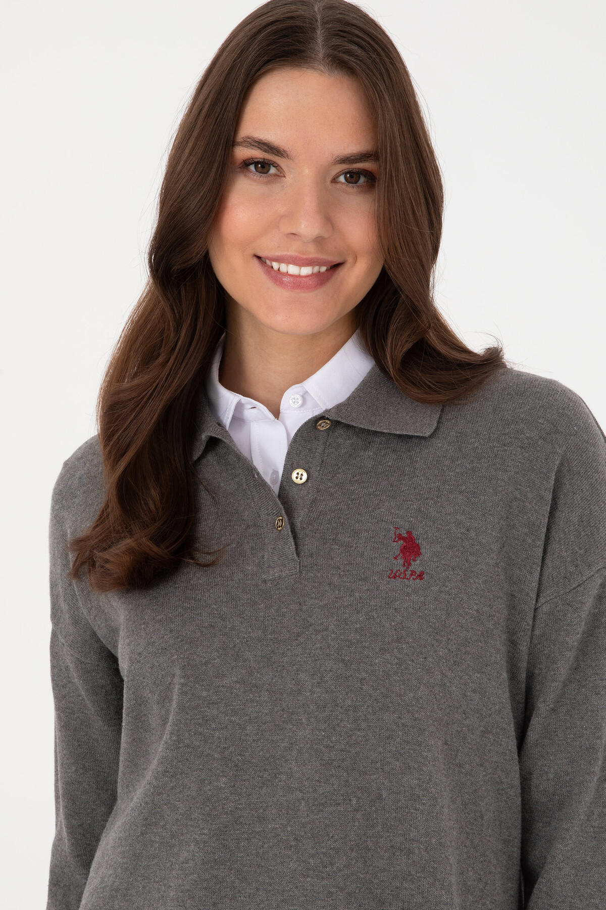 U.S. Polo Assn. Kadın Gri Melanj Polo Yaka Kazak 50314707-VR086 görsel 2