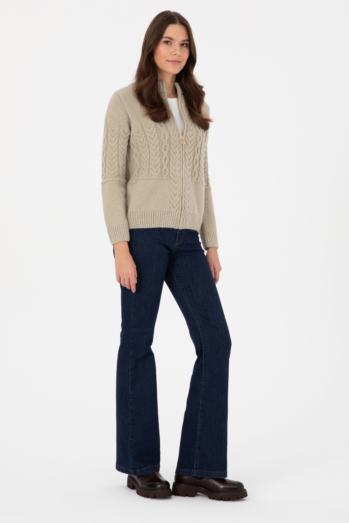 U.S. Polo Assn.  Kadın Açık Haki Fermuarlı Dik Yaka Triko Hırka 50314669-VR183 - Görsel 4