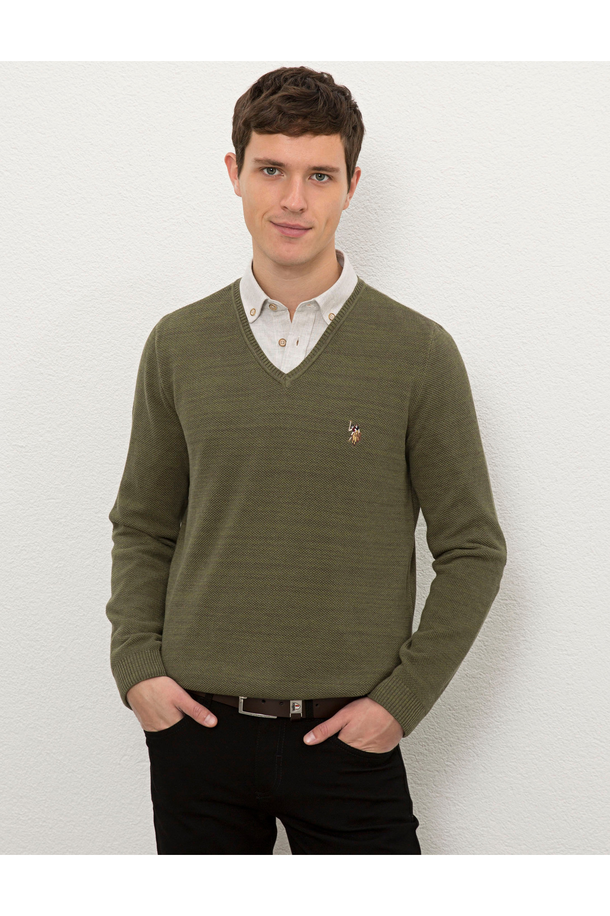 یو اس پولو پلیور مردانه خاکی تیره ملانژ 50228357-VR126