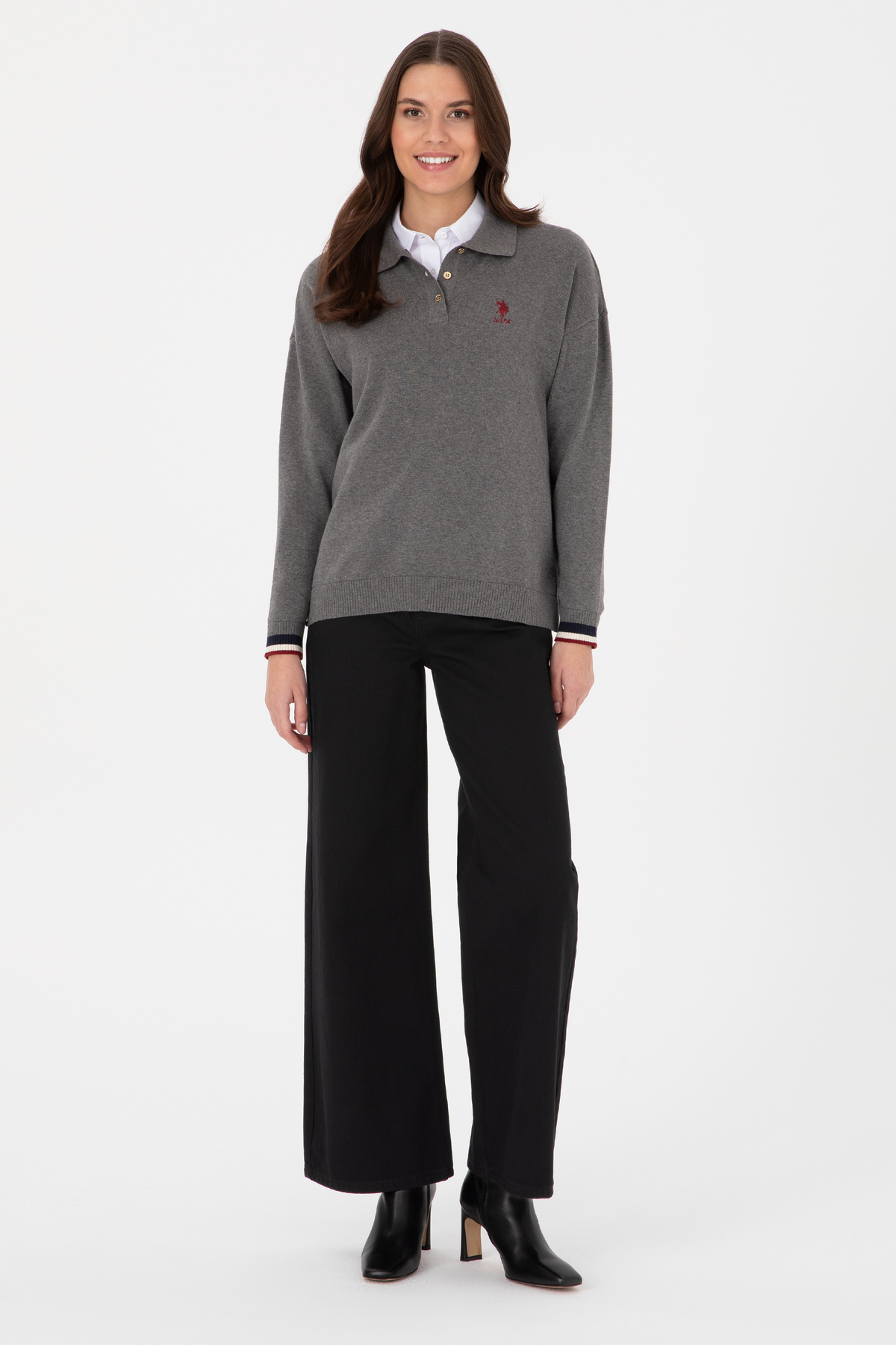 U.S. Polo Assn. Kadın Gri Melanj Polo Yaka Kazak 50314707-VR086 görsel 4
