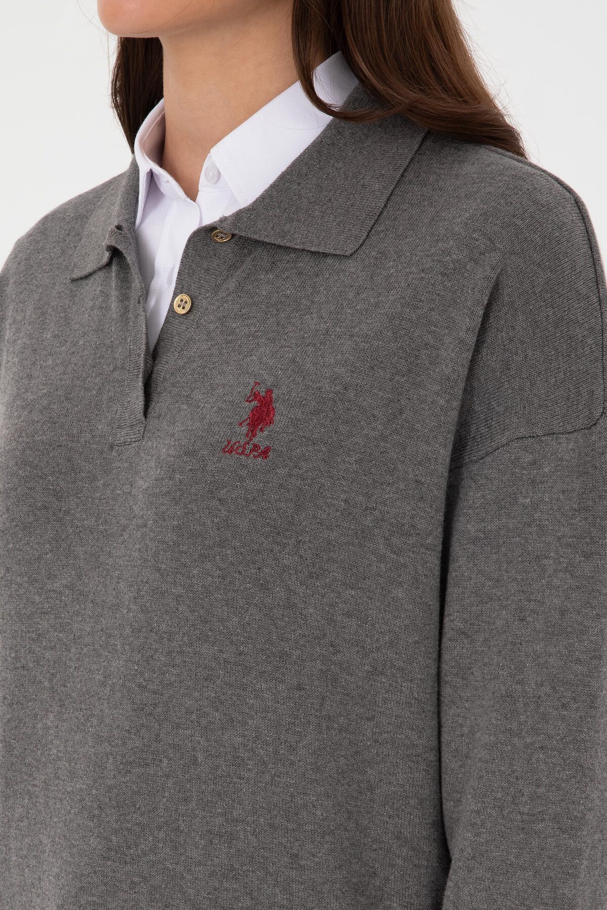 U.S. Polo Assn. Kadın Gri Melanj Polo Yaka Kazak 50314707-VR086 görsel 7