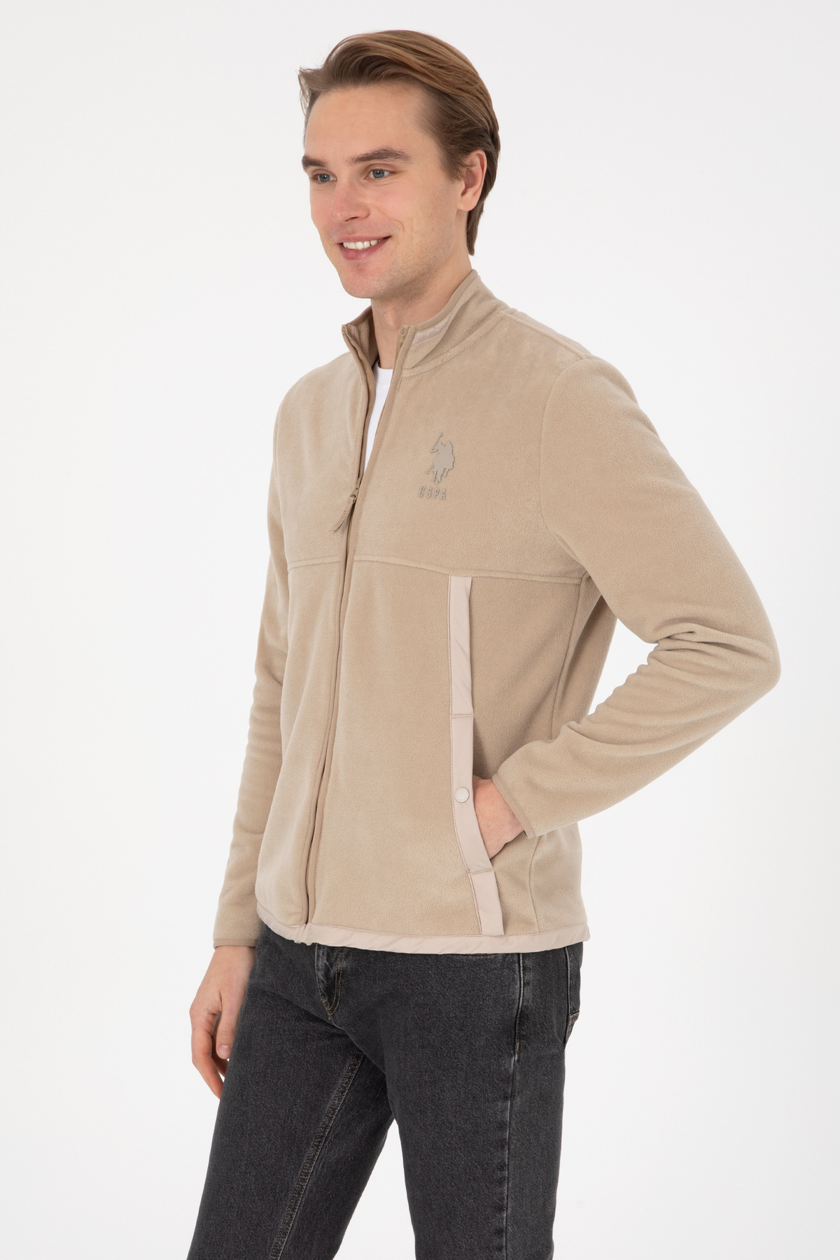 U.S. Polo Assn.  Erkek Regular Fit Fermuarlı Koyu Bej Örme Hırka 50310002-VR088 - Görsel 3