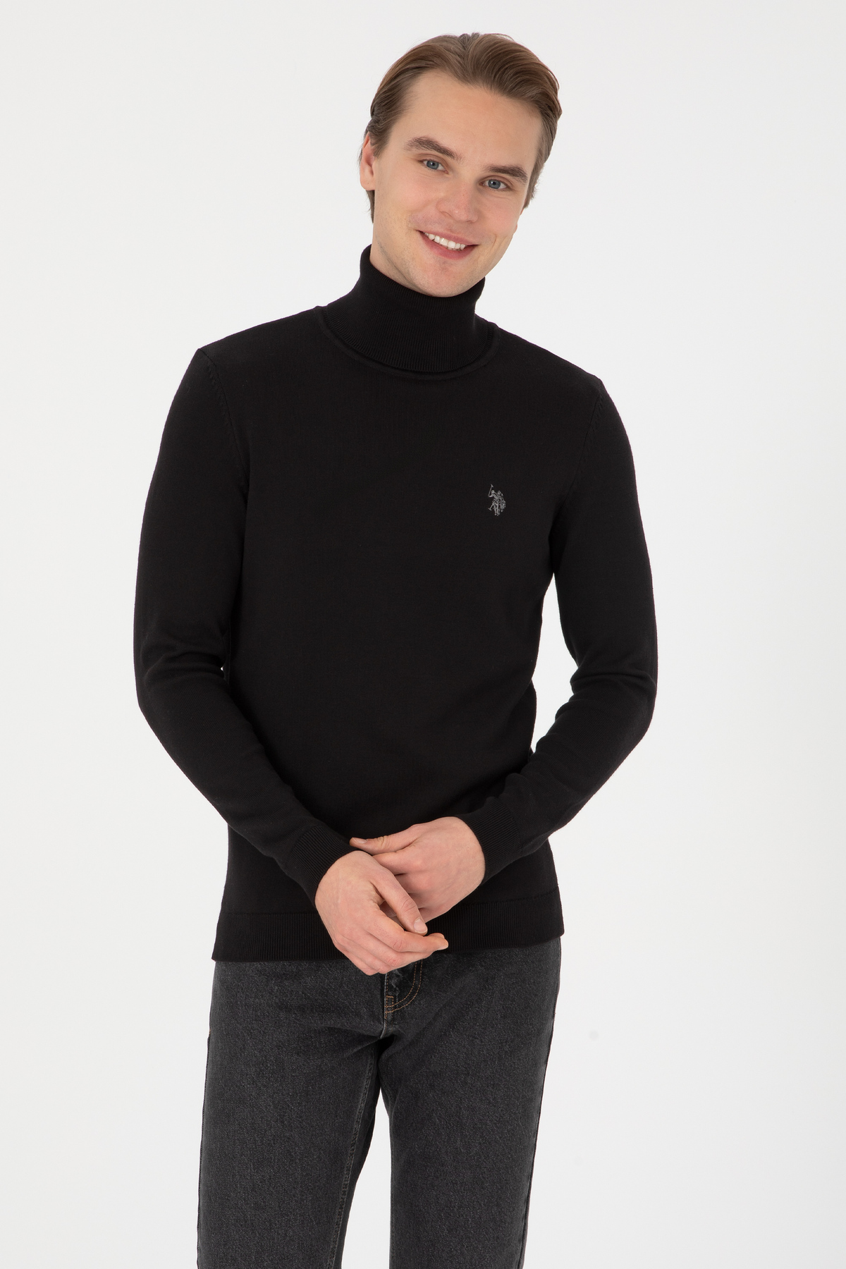 یو اس پولو ژاکت مردانه یقه اسکی اسلیم فیت مشکی ساده 50313640-VR046