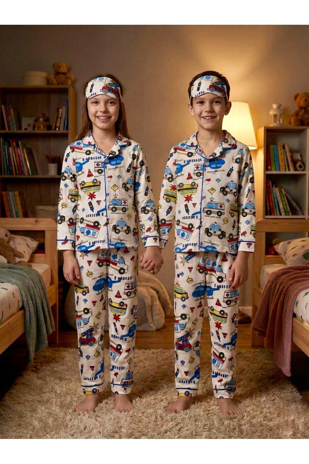 Enie Unisex Çocuk %100 Pamuk Ambulans Desenli Uyku Gözlüklü Pijama Takımı fotoğrafı 2 (önizleme)