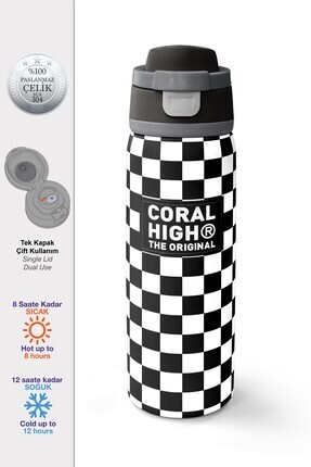 Coral High Siyah Beyaz Dama Desenli Pipetli ve Direkt İçim Çelik Termos 800 m...
