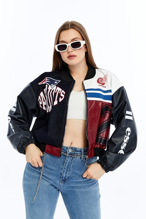 CHOS7N Kadın Oversize Baskılı Kot Ve Deri Şeritli Günlük Kullanım Ceket Mont