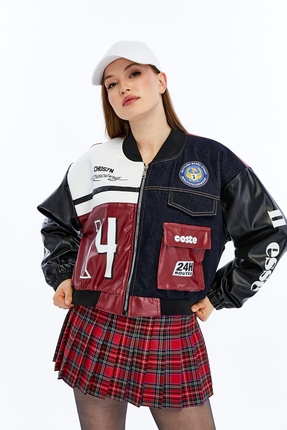 CHOS7N Kadın Oversize Baskılı Kot Ve Deri Şeritli Günlük Kullanım Cepli Ceket...