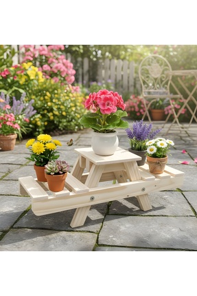 Zelda Dekoratif Ahşap Saksılık Mini Piknik Masa Tasarım Çoklu Saksı Standı