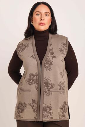 Uludağ Triko Kadın Kahve Kum Çiçek Desenli Cepli Düğmeli Triko Örme Anne Yelek