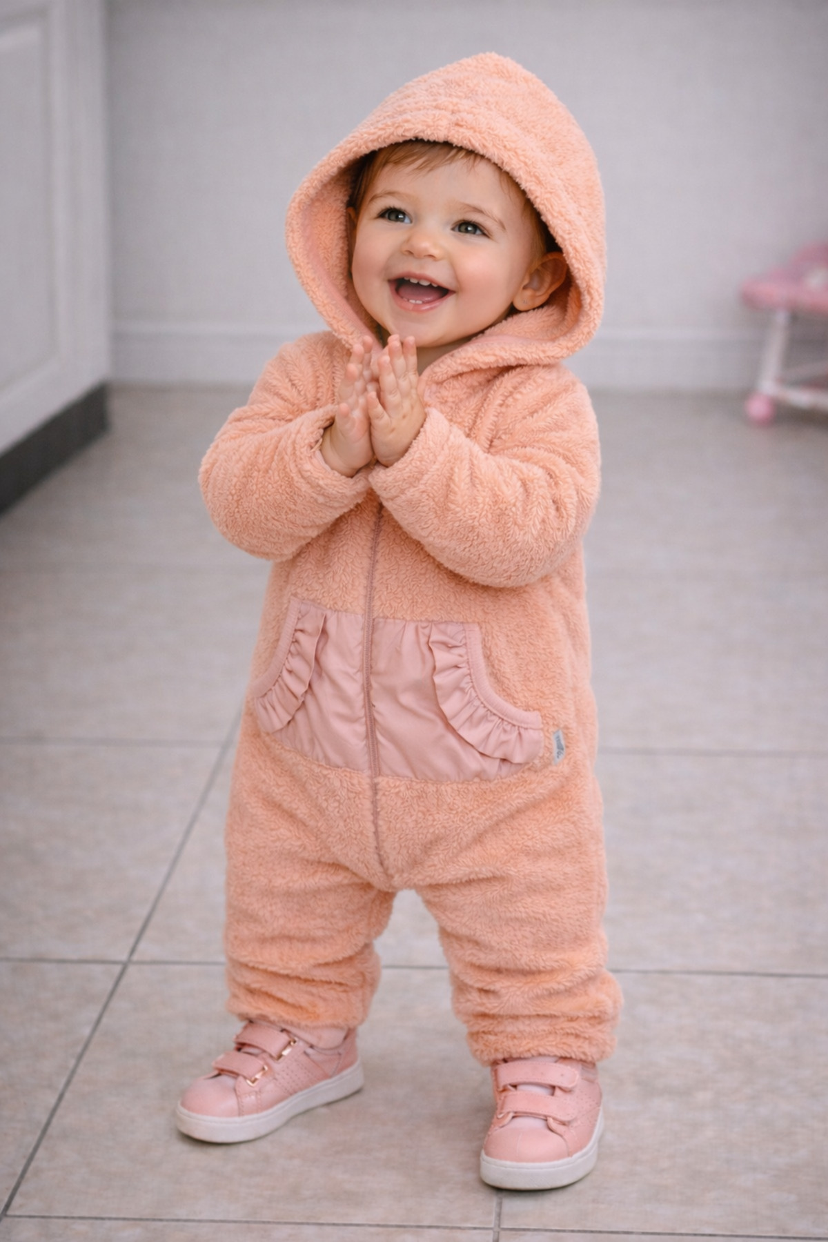 Chicsy Baby Kışlık tatlı Kız Bebek Peluş Tulum Kapüşonlu Fermuarlı Kışlık Polar Tulum fotoğrafı 3 (önizleme)