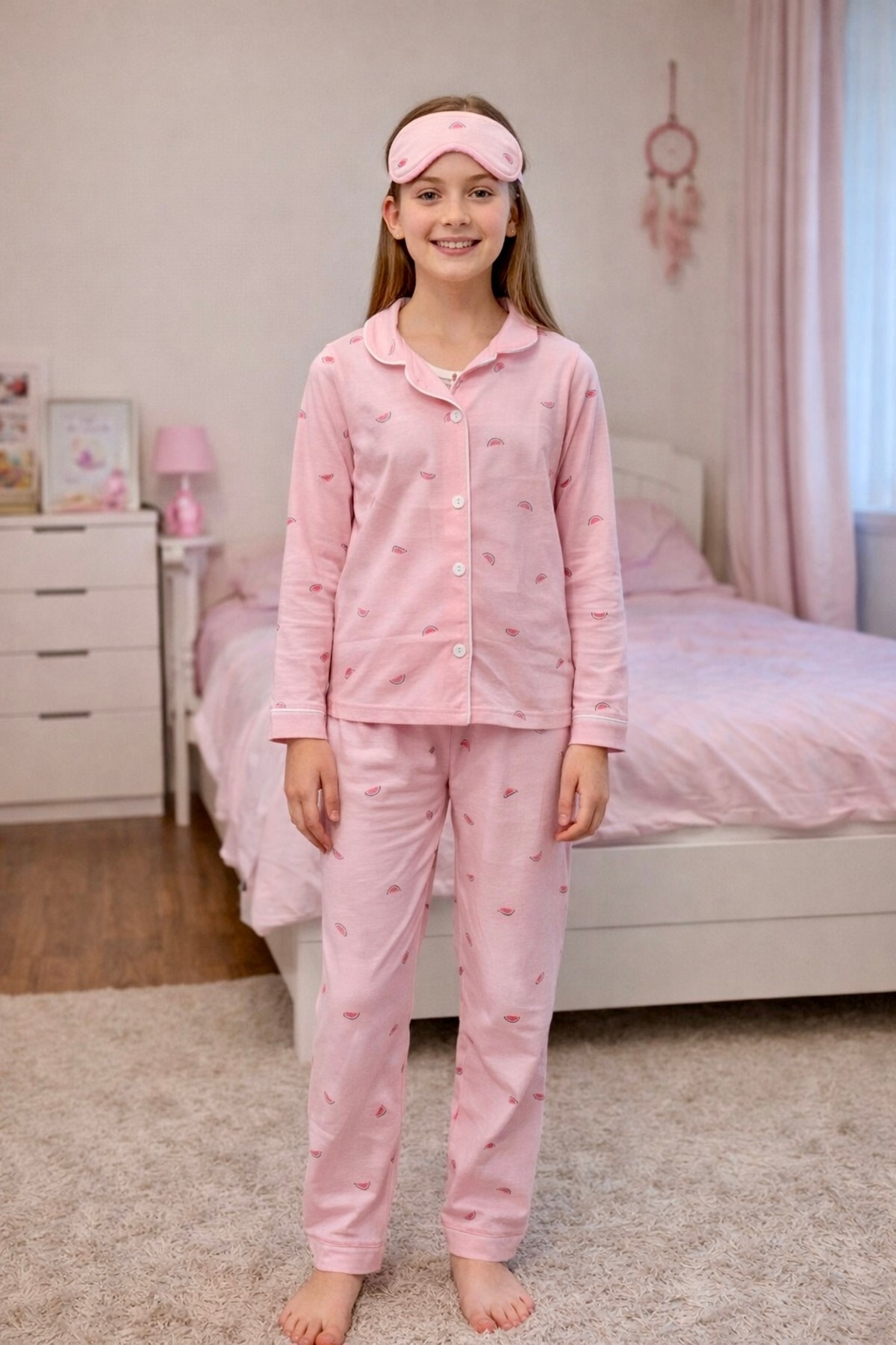 Girl 100% Cotton Watermelon Pattern Long Sleeve Pajamas Set + Eye Patch