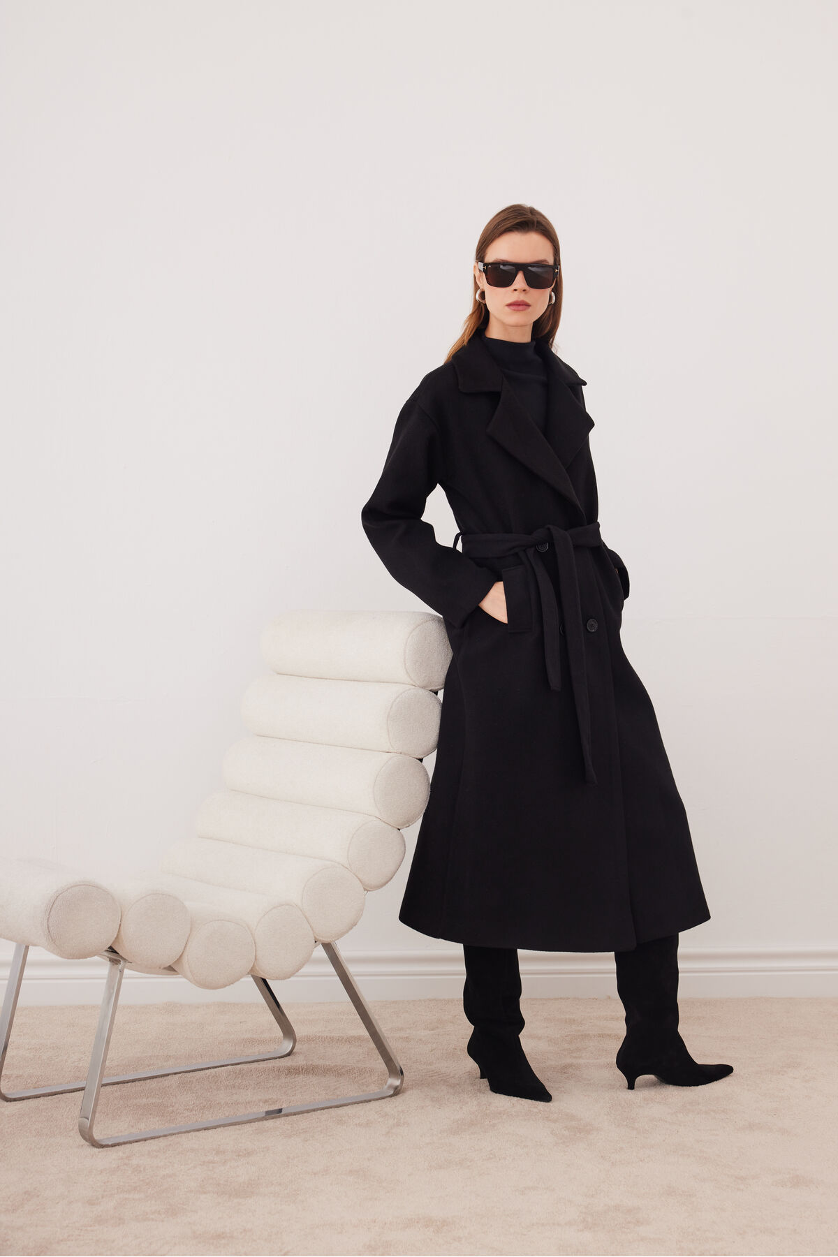 SevdeUgur  Kadın Kaşe Kaban Oversize Uzun Kemerli Astarlı Rahat Kalıp – Siyah - Sevde Ugur - Görsel 5