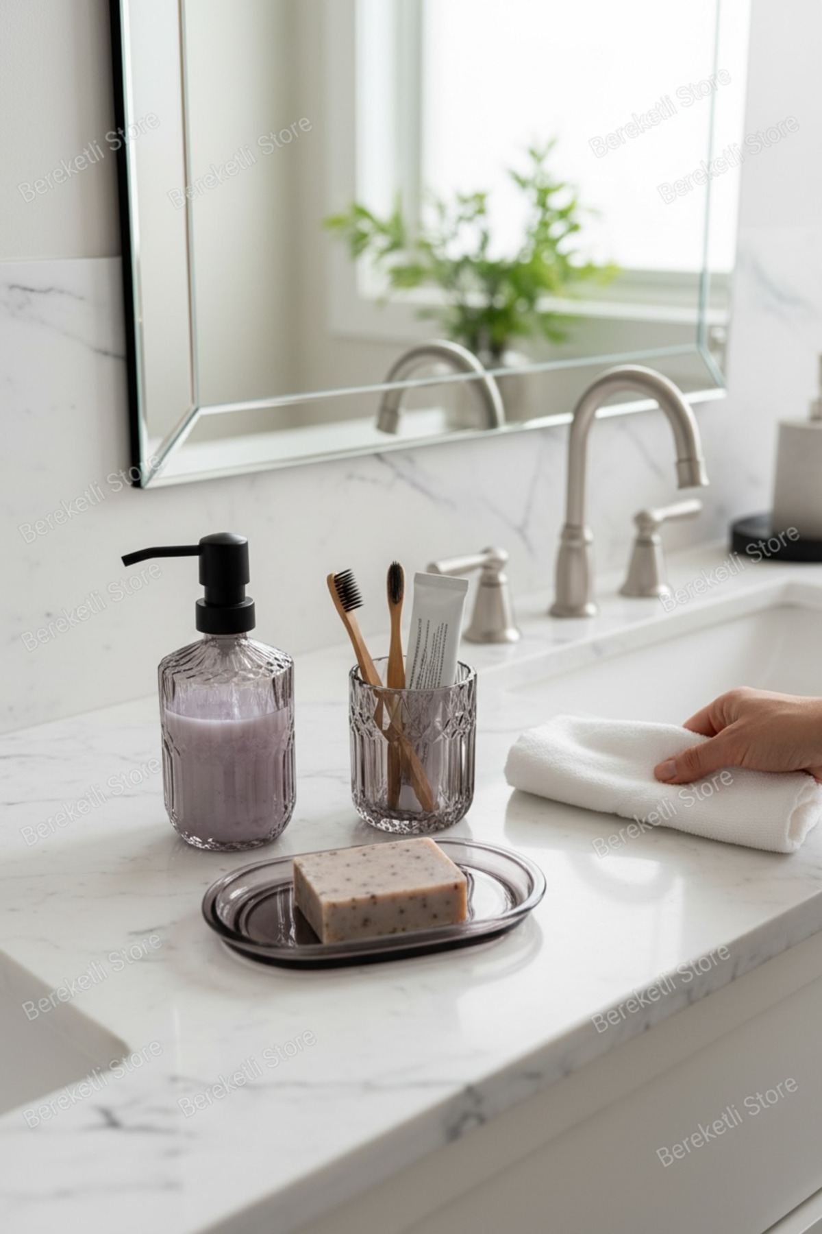 Sarı Çizgili Cam Banyo Seti | Sıvı Sabunluk, Diş Fırçalık ve Sabunluk | Şık & Modern Tezgâh Üstü Set