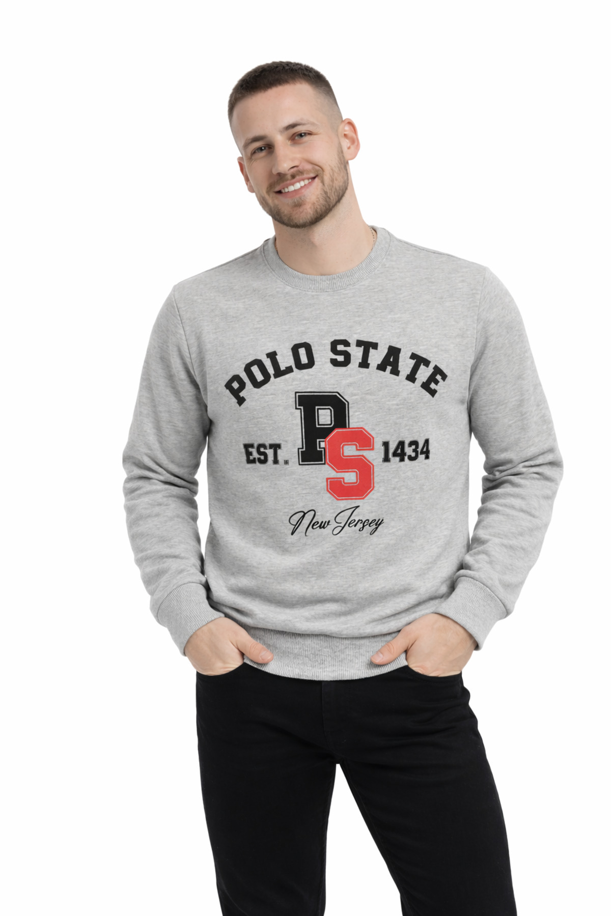 Polo State Men's 3 Thread Non-Brushed Cotton Regular Fit Printed Crew Neck Gray Sweatshirt