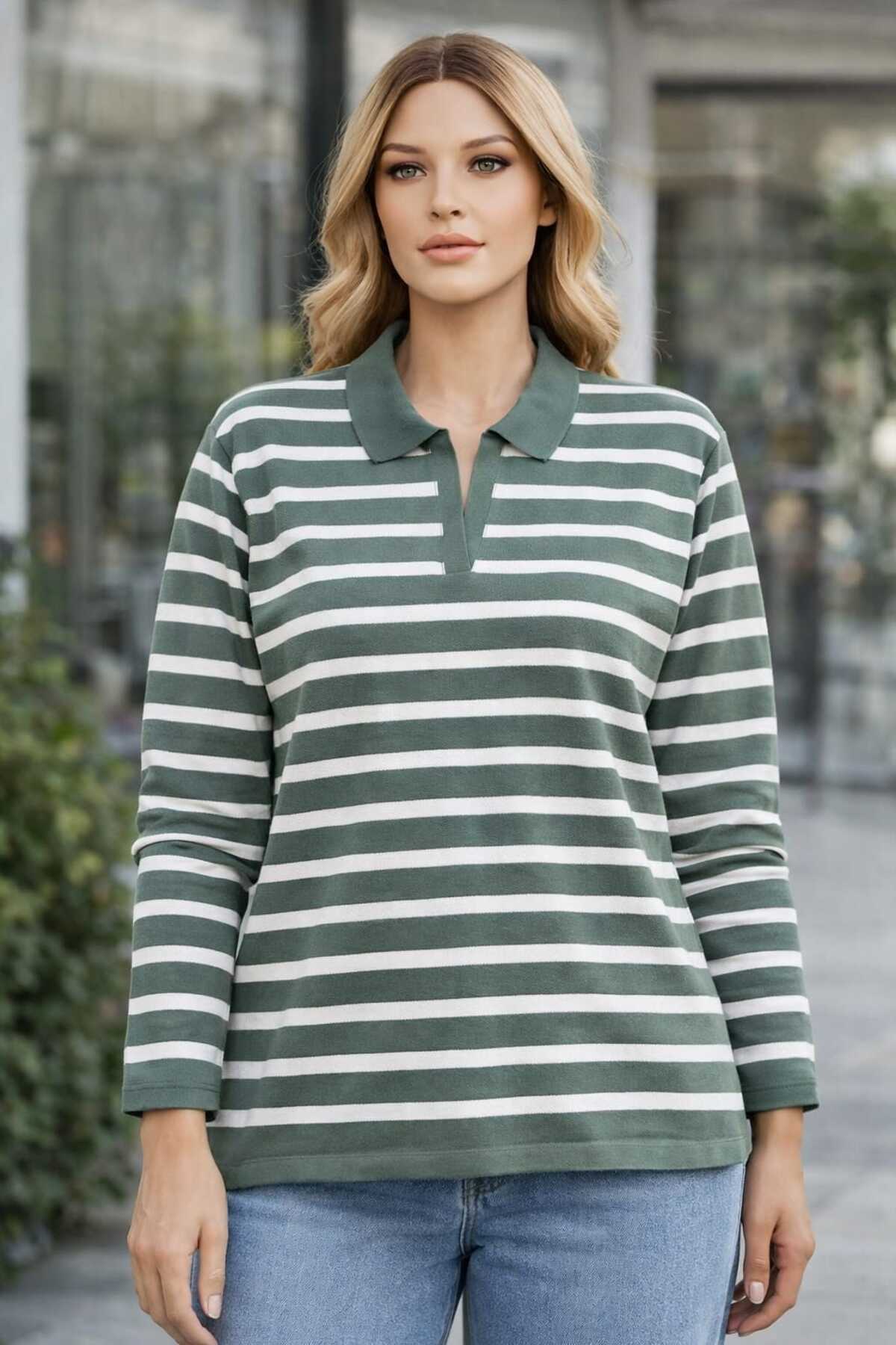 Women's Polo Neck Striped Knitwear Sweater
