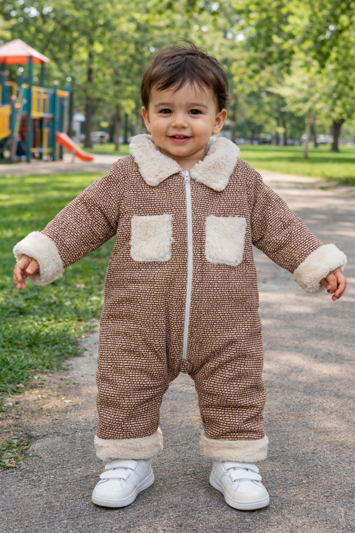 Chicsy Baby Kışlık tatlı Peluş Yakalı Fermuarlı Kışlık Bebek Tulum fotoğrafı 2 (önizleme)