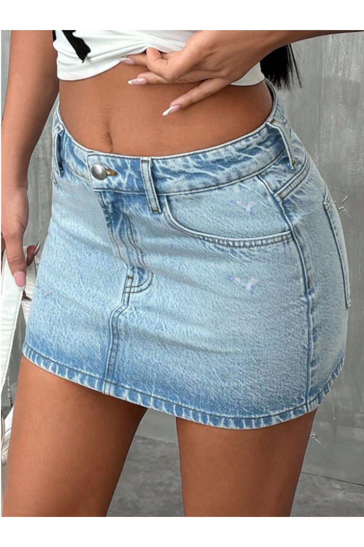 Noxter  D23 Kadın Yıpratmalı Denim Şort Etek - Görsel 4