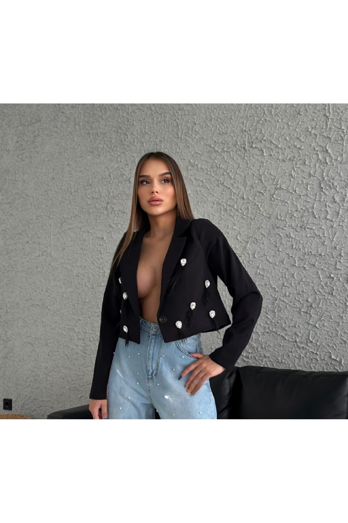 Imported Scuba Fabric Lined Tassel Detailed Buttoned Special Design Jacket