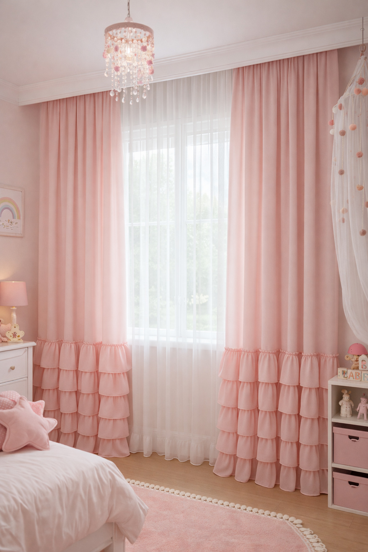Perdeplus Kız Çocuk Odası Pudra Pembe Fırfırlı Tül Perde – Pastel Tasarım fotoğrafı 2 (önizleme)