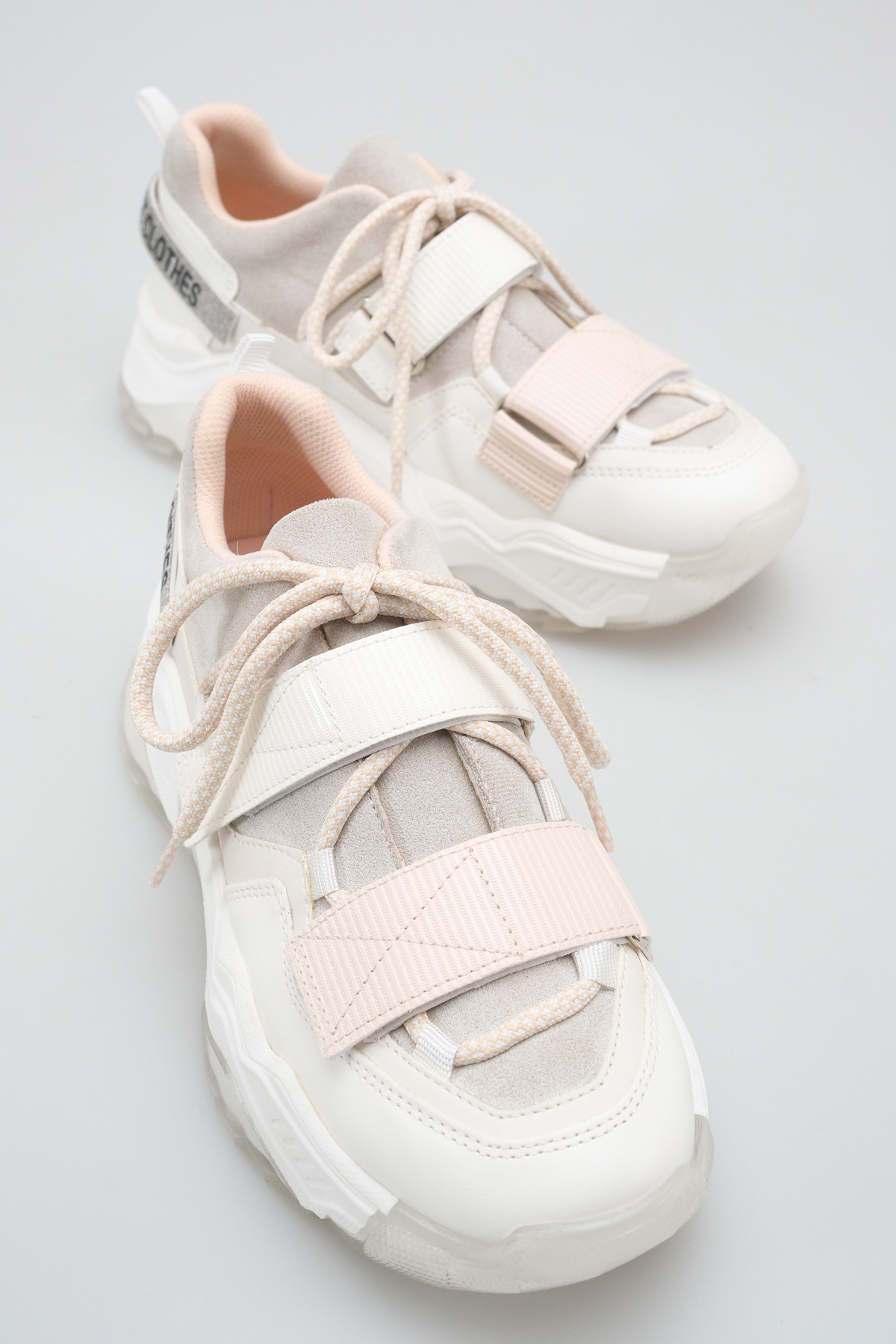 Women's White Beige Laceless Double Velcro High Sole Sneaker Sports Footwear