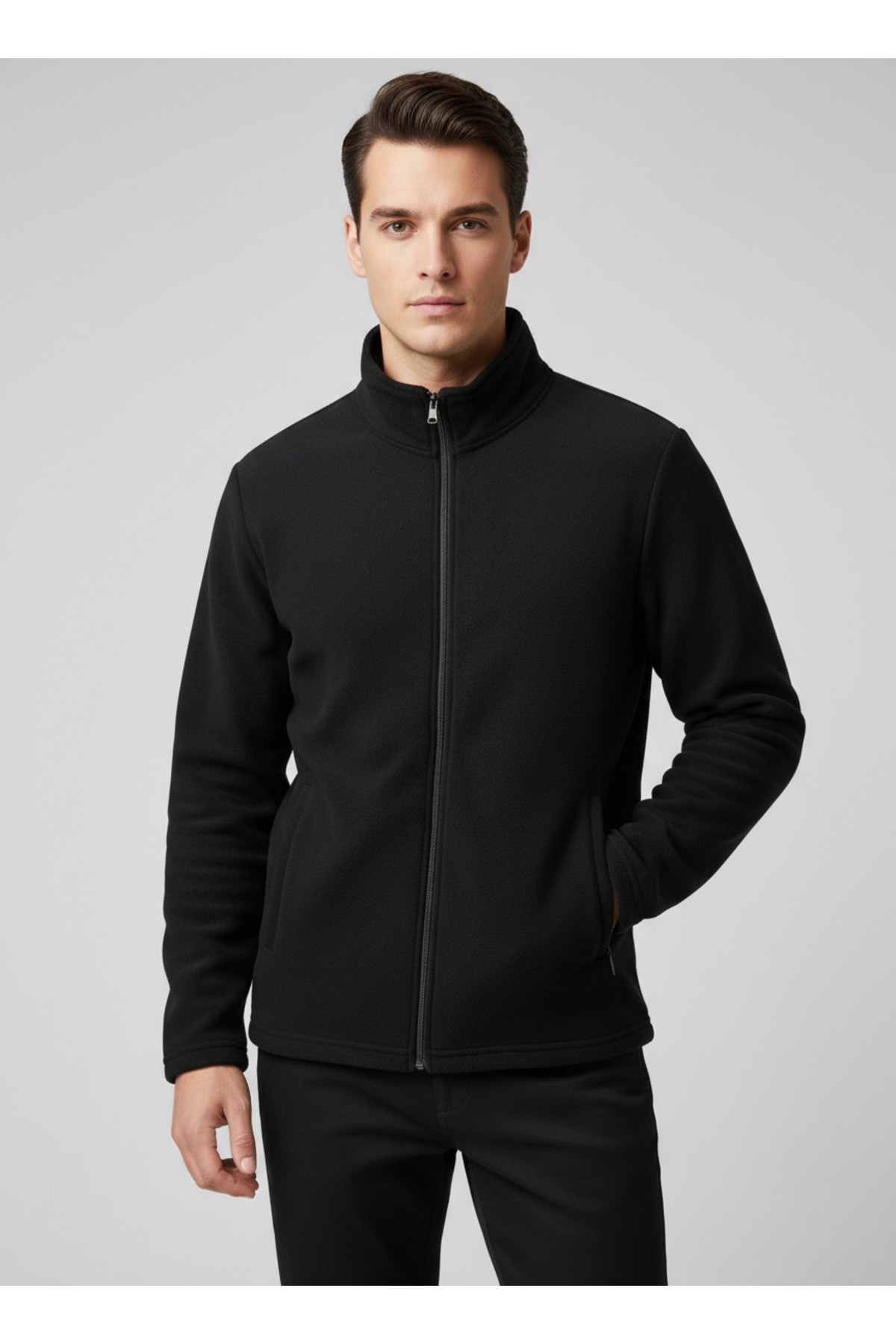 CALİA Erkek Siyah Dik Yaka Tam Fermuarlı Fleto Cepli Kışlık Polar Sweatshirt Hırka