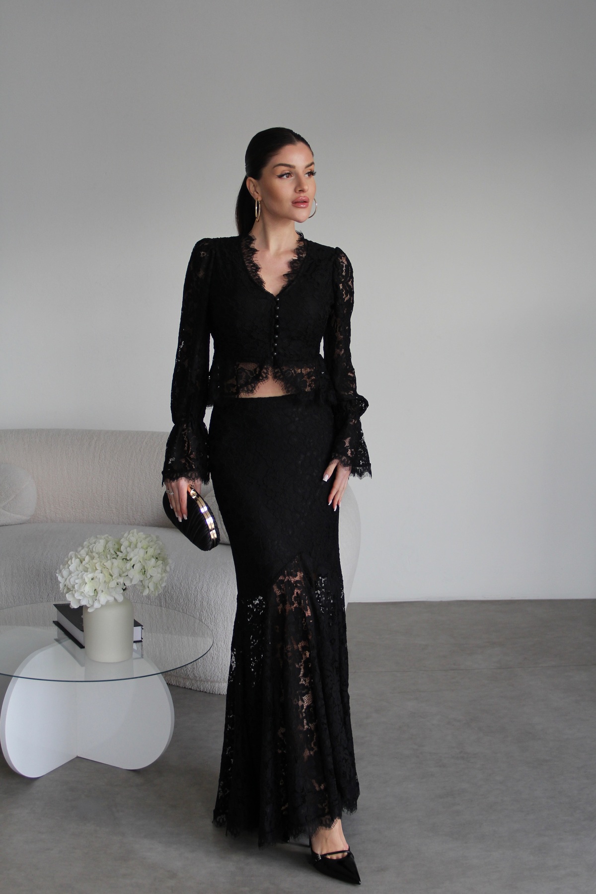 V-Neck Lined Pearl Buttoned Blouse and Maxi Skirt Premium Design Lace Set