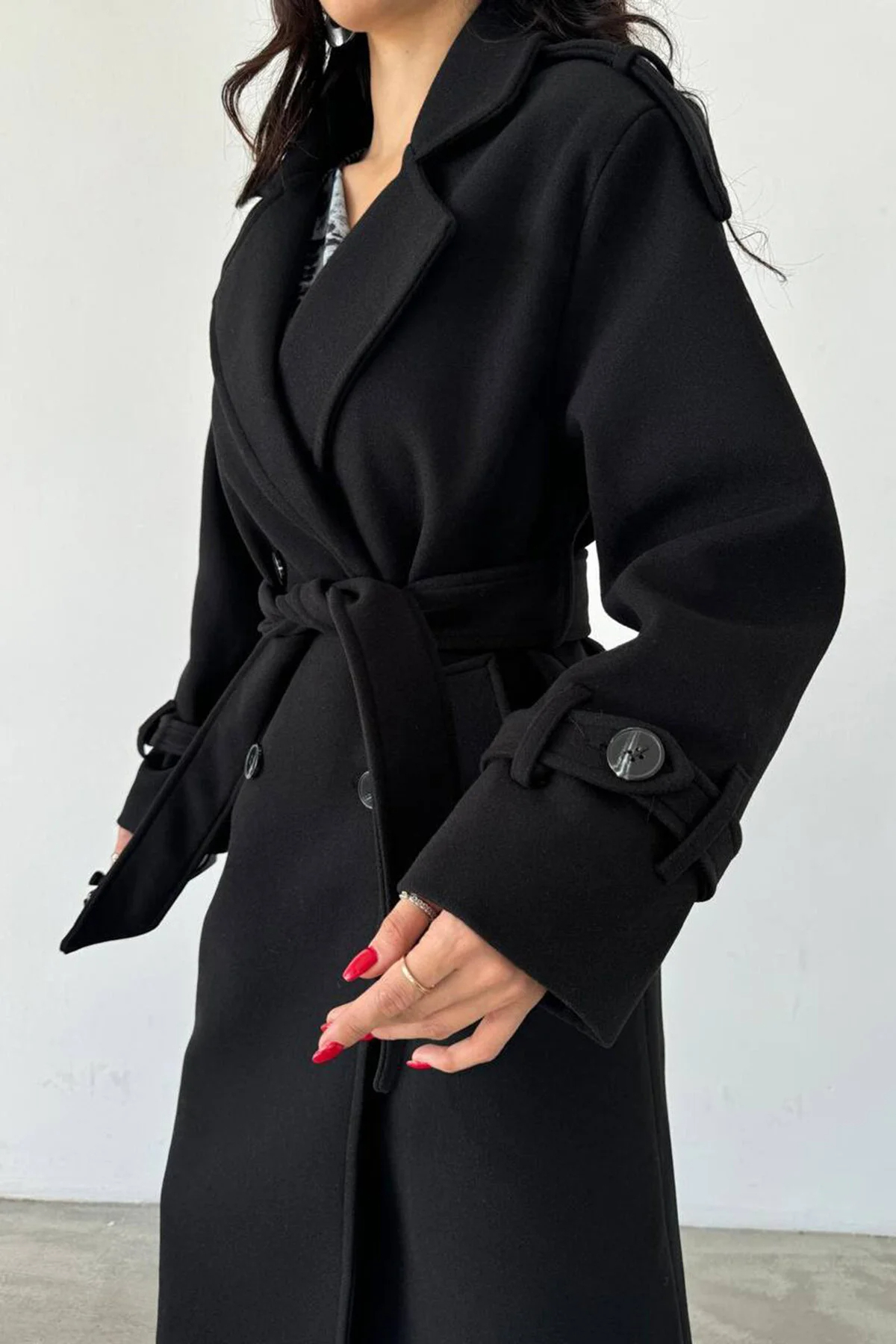 Modayıldızlar  Kadın siyah ithal kumaş kaşe kaban 2026 - Görsel 5