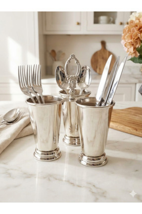 ORUÇ BEY Lüks Gümüş Kaplama Çatal Bıçaklık - 3 Bölmeli Vintage Mutfak ve Sofr...