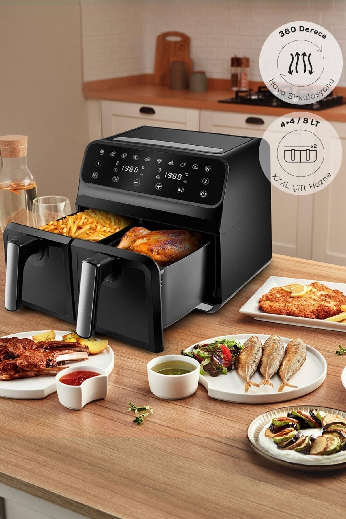 Allians Çift Hazneli Dijital Airfryer, 4+4L, Çok Fonksiyonlu, Sağlıklı Pişirme