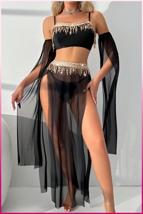 PİNKSTORE Siyah Pul Aksesuarlı Tül Etekli Kadın Seksi Gecelik