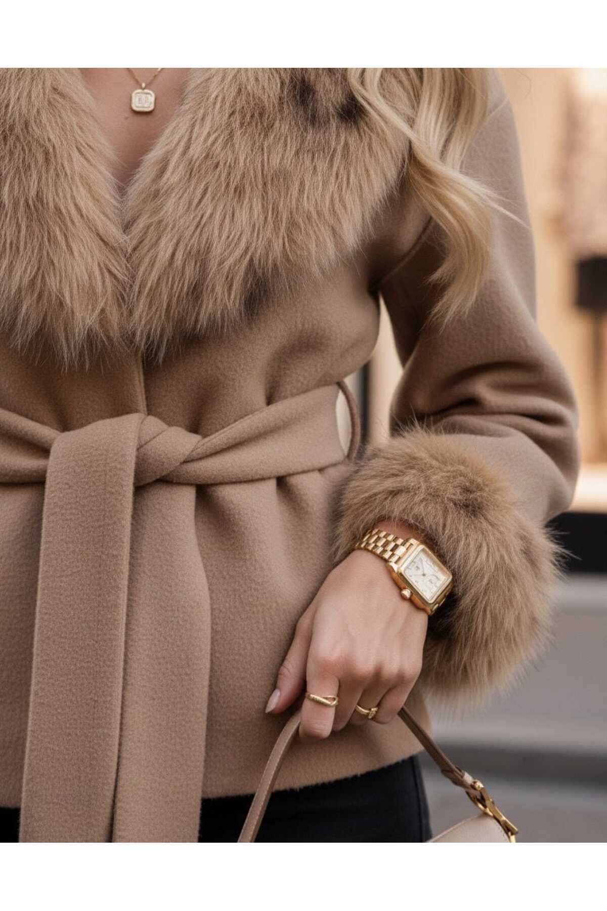 Ahzem Collection Kürk Detaylı Şardonlu Lüks Kaşe Kaban görsel 2