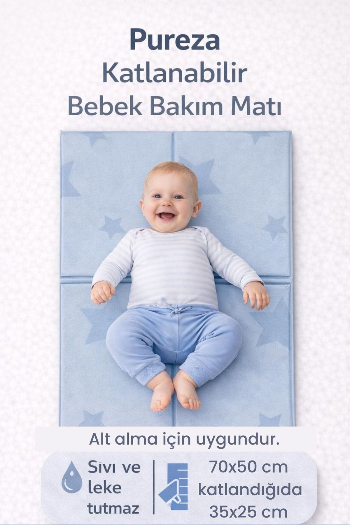 PUREZA Katlanabilir Alt Değiştirme, Bebek Bakım Matı 70×50 Taşınabilir,Su Geçirmez,Silinebilir Yerli Üretim fotoğrafı 2 (önizleme)