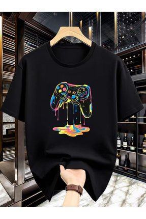 Nilvor Unisex Gökkuşağı Oyun Konsolu Ön Baskılı Özel Tasarım Oversize T-shirt