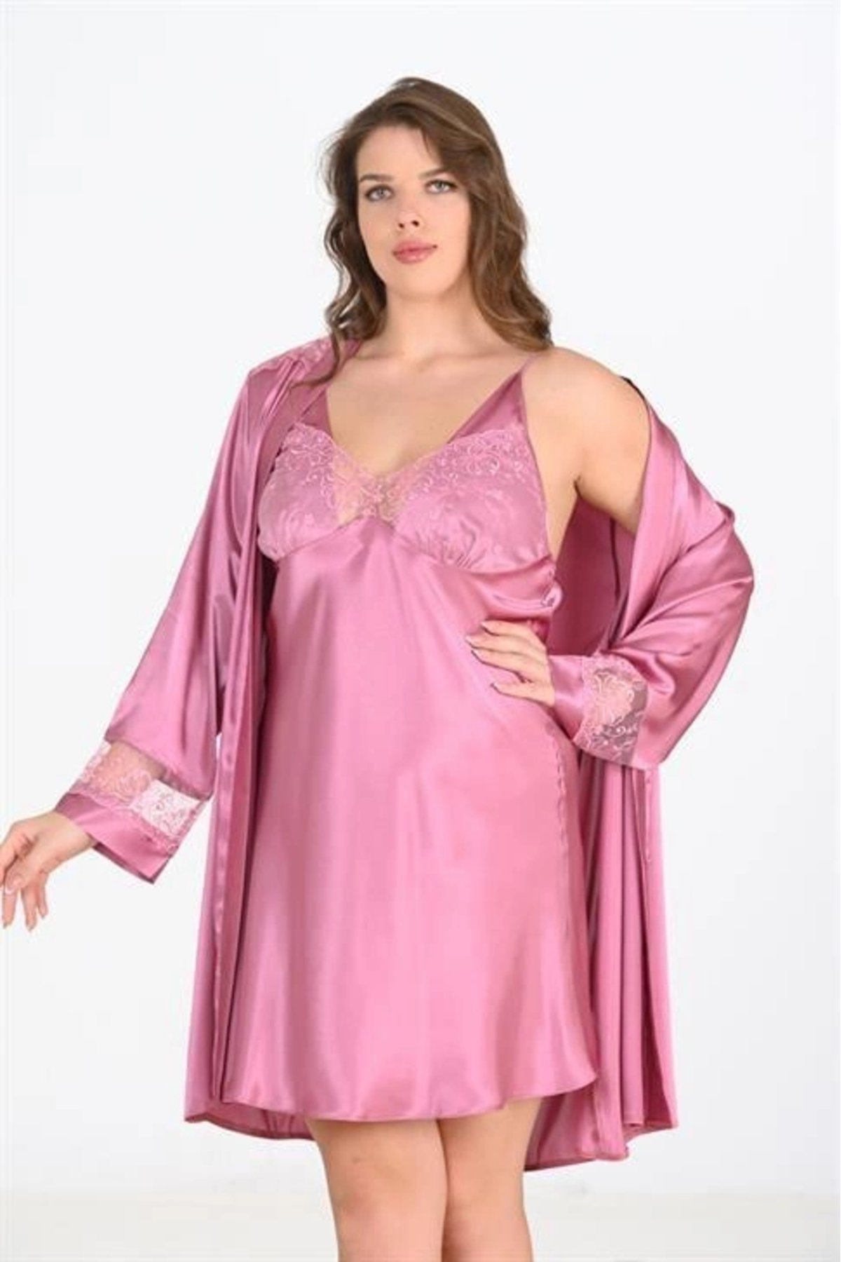 Nemere Premium Büyük Beden Saten Dantel İşlemeli Gül Kurusu 2'li Gecelik Sabahlık Takımı Bigsize