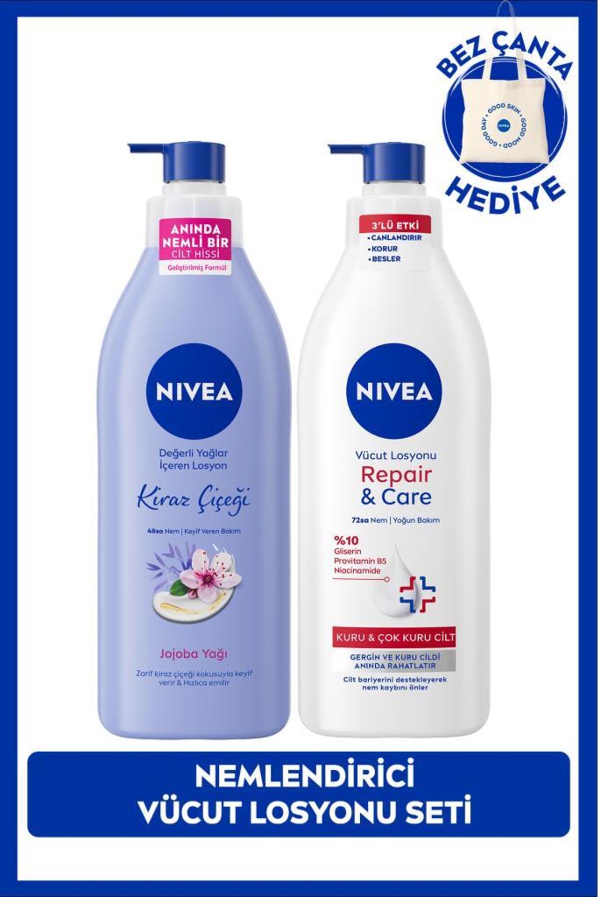 NIVEA Repair Care Nemlendirici Vücut Bakım Losyonu 400ml ve Kiraz Çiçeği Vücut Losyonu 400ml,Çanta Hediye — SET.NVE.1347
