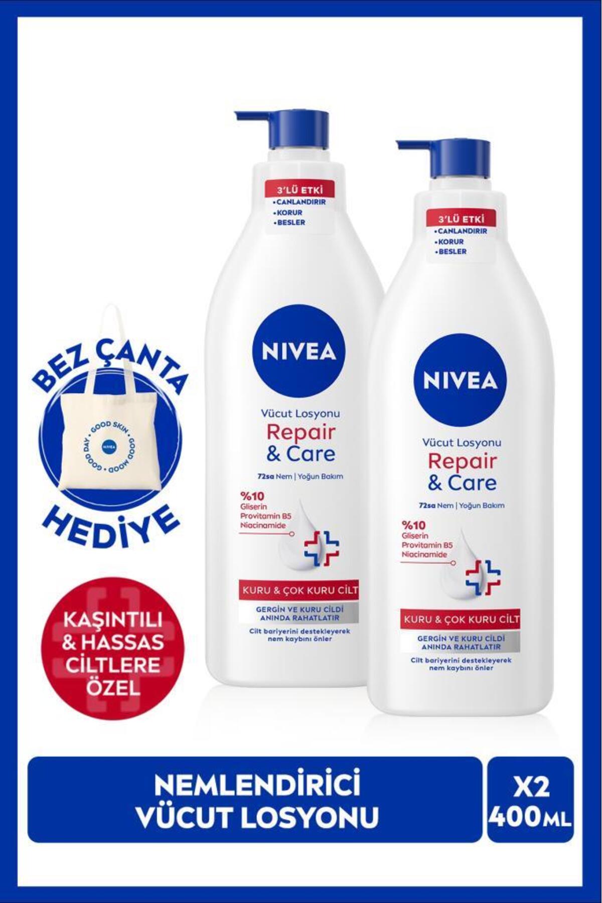 NIVEA Repair Care Nemlendirici Vücut Bakım Losyonu 400ml, Kaşıntılı Hassas Cilt, X2 Adet, Çanta Hediye — SET.NVE.1346