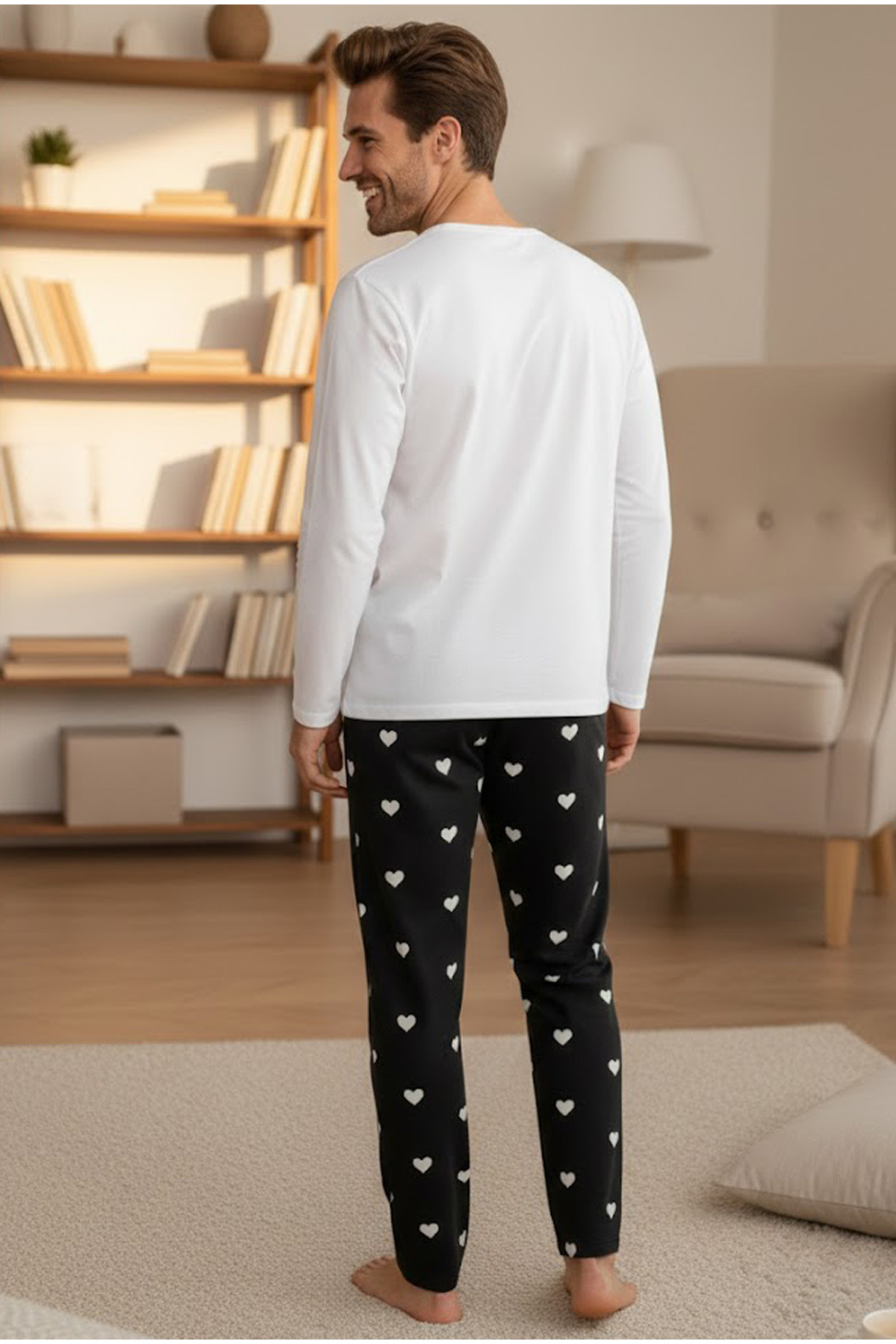 Siyah İnci ERKEK siyah beyaz kalp desenli nakışlı Örme Pijama Takım 7969 görsel 3