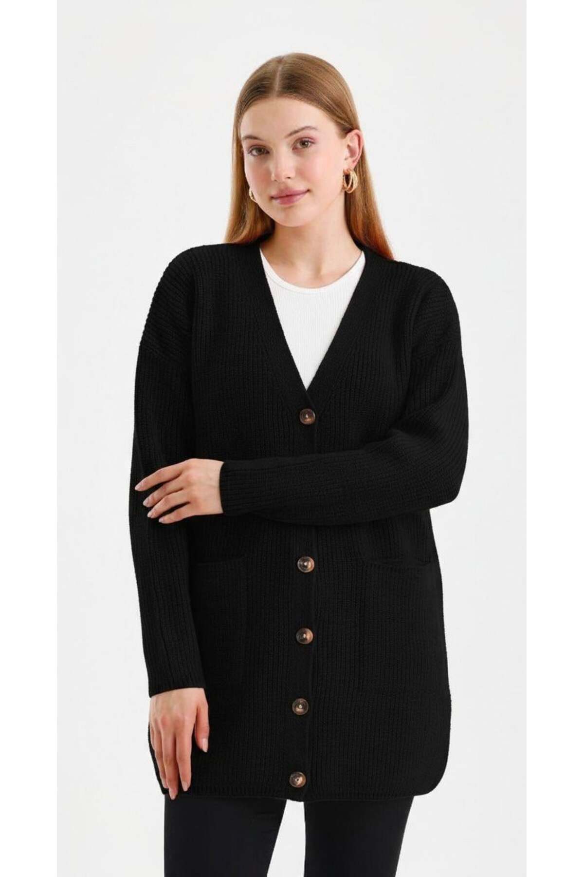 odelon Kadın Düğmeli Oversize Cepli Uzun Siyah Triko Hırka görsel 3