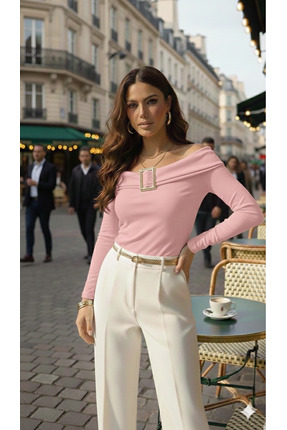 alieva Pudra Omzu Açık Triko Bluz Kare Tokalı Uzun Kollu Şık