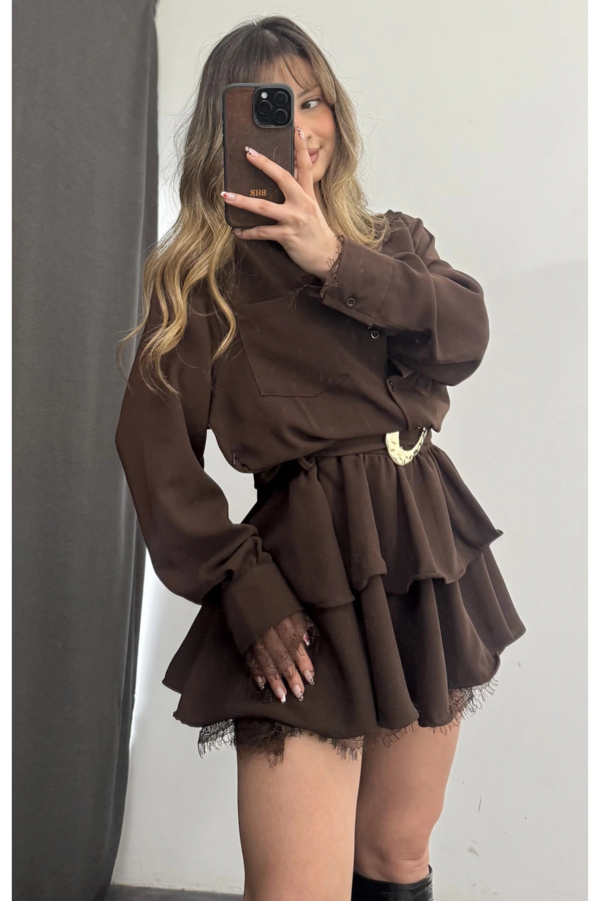 AYKA WEAR Kemer Detaylı Mini Gömlek Elbise görsel 5
