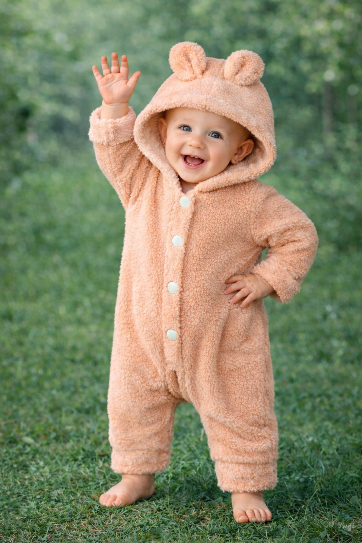 Chicsy Baby Kışlık tatlı Ayıcık Kulaklı Kapüşonlu Peluş Düğmeli Bebek Tulum fotoğrafı 2 (önizleme)