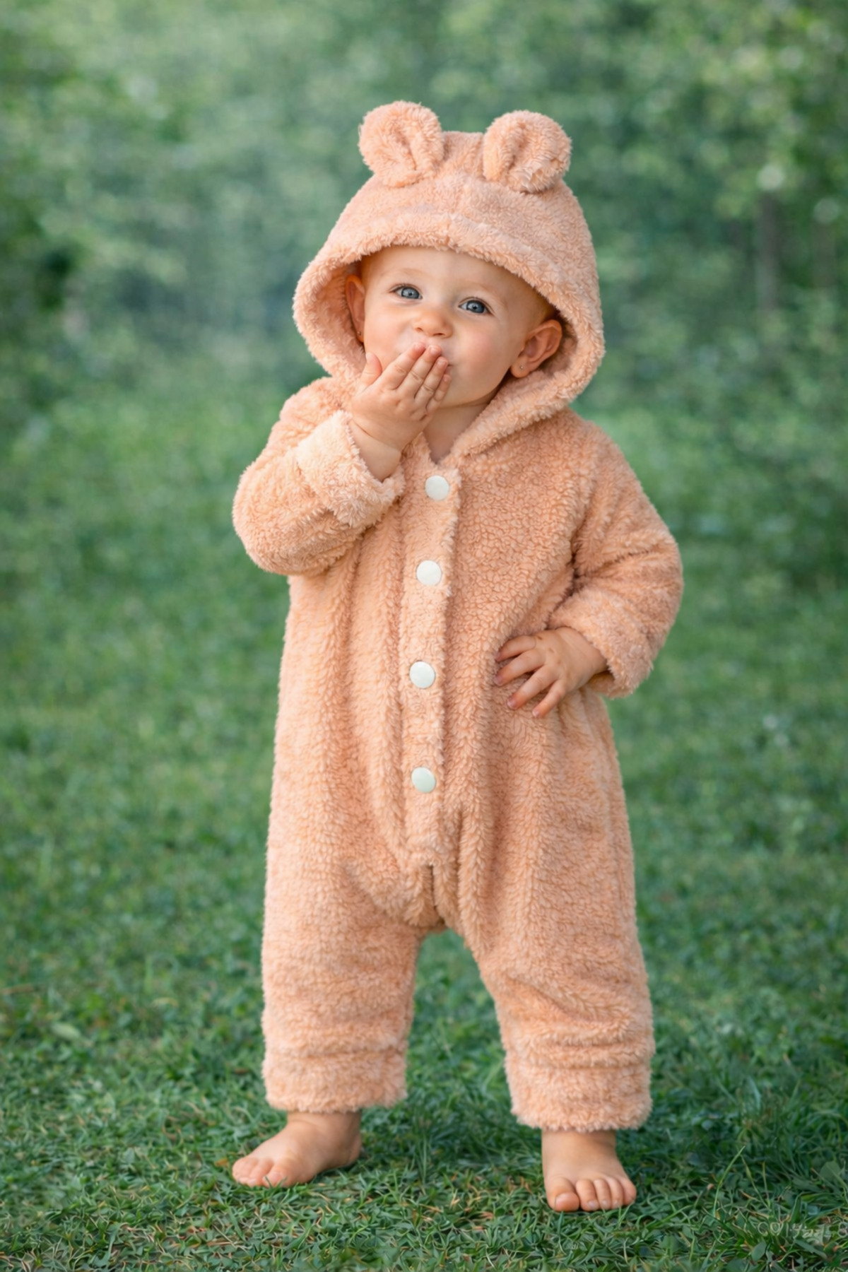 Chicsy Baby Kışlık tatlı Ayıcık Kulaklı Kapüşonlu Peluş Düğmeli Bebek Tulum fotoğrafı 4 (önizleme)