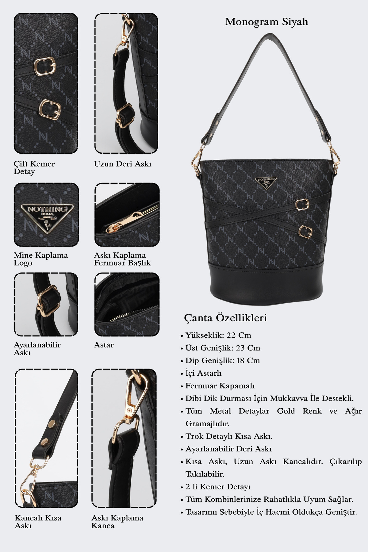 NOTHING Kadın Monogram Siyah Kemer Detaylı Kova Model El Omuz Ve Çapraz Çanta Carla görsel 8
