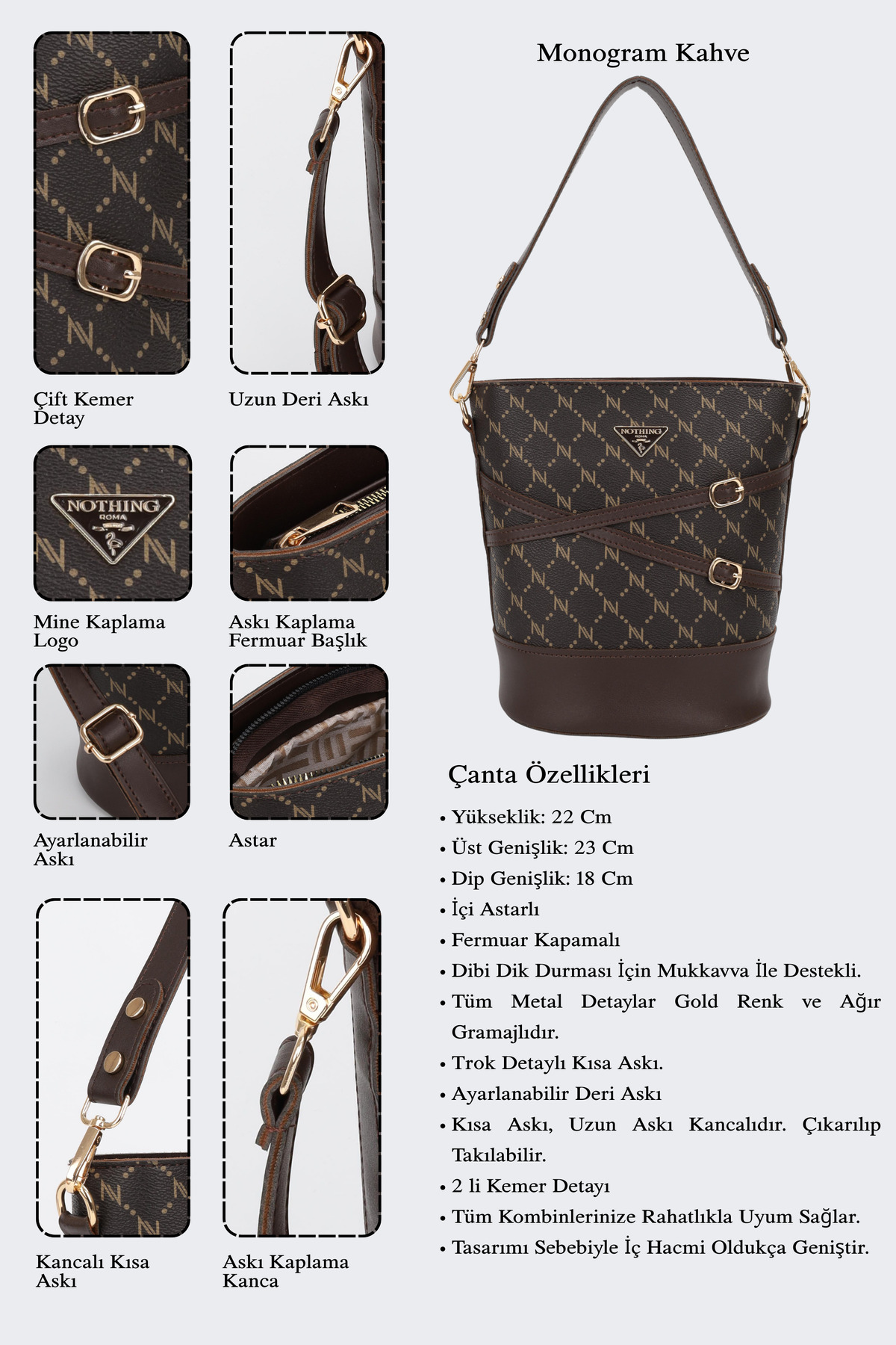 NOTHING Kadın Monogram Kahve Kemer Detaylı Kova Model El Omuz Ve Çapraz Çanta Carla görsel 8